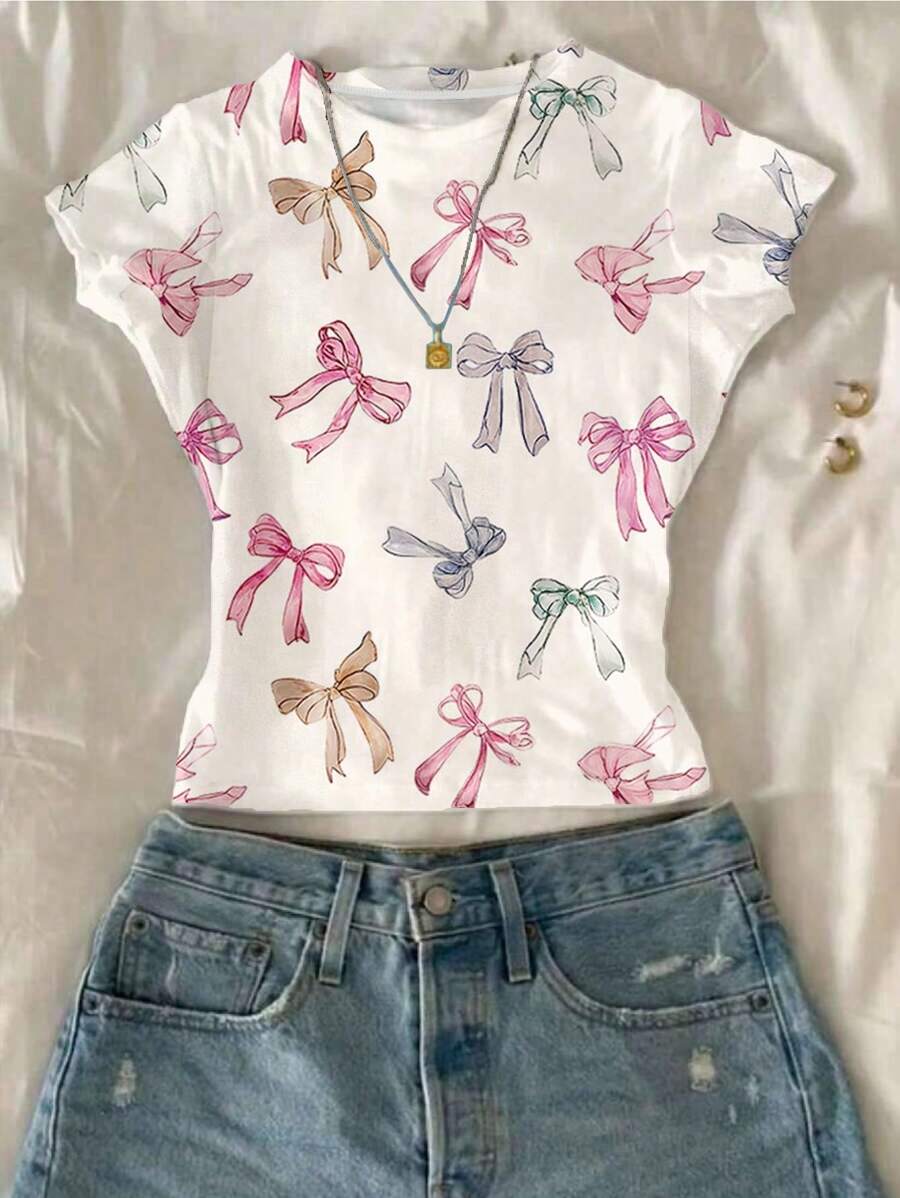 Sparklyn Girls Cute Butterfly Print Asymmetrical Hem Short Crop Top, Suitable For Summer Summer Holiday - White - View 1