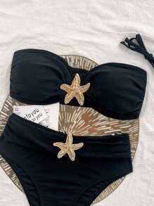 Costavie 2026 Spring/Summer Women's Black Bandeau Bikini Set With Gold 3D Starfish Decoration, Detachable Halter Strap, Elegant Two Pieces Swimsuit - Black - View 4
