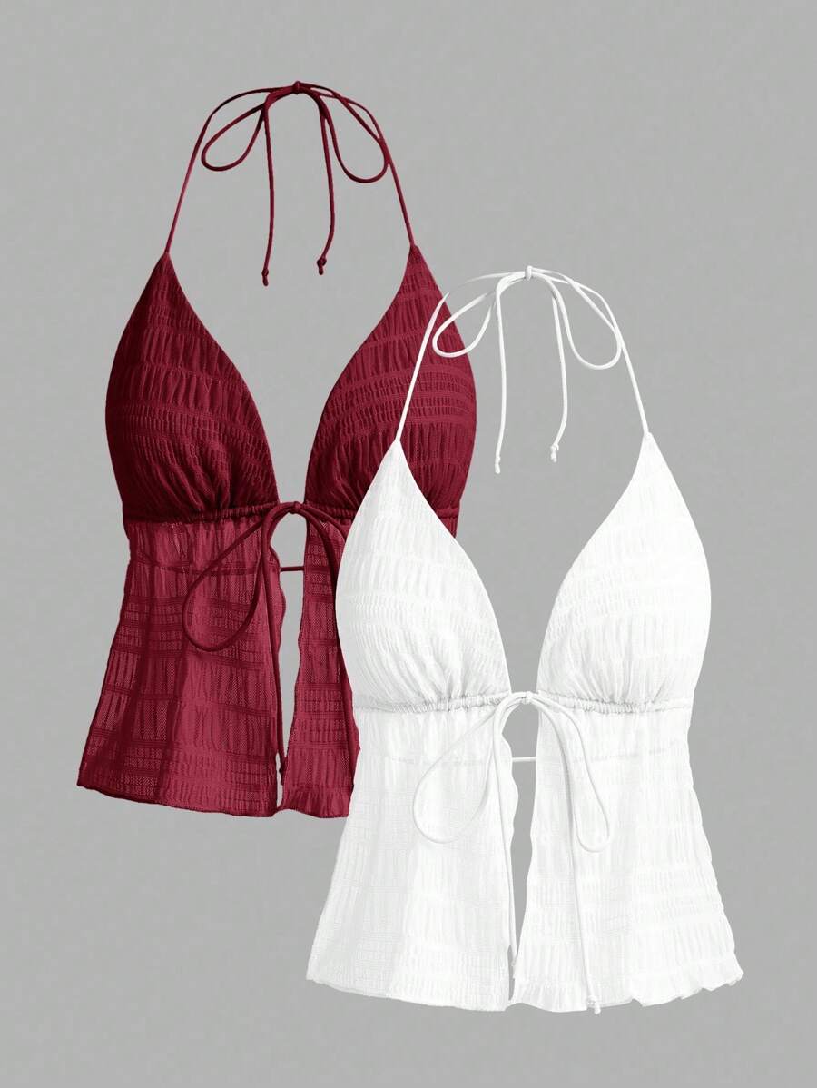 Sweetina Two-Piece Set Y2k Summer Hawaiian Clothes Solid Color Backless Halter Top With Straps - Multicolor - View 1