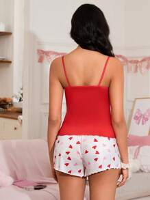 SweetSlumber Conjunto de pijama de mujer con estampado de moño y corazón, estilo dulce