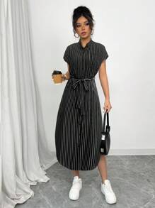 Selianne Romantic Elegant Graduation Concert Outfit Business Casua Old Money Style Anouk Yve Aura Quiet Style Commuter Blue Striped Shirt Dress Short Sleeves Pocket Bow Slits 2025 Spring And Summer Vacation And Leisure Home New Long Dress - Black - View 4