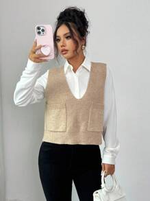 Rafferiza Pull sans manches à col V de couleur unie avec poche pour femmes - Kaki - Voir 5