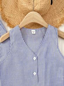 SHEIN Teen Girls Spring/Summer Casual Resort Commute Elegant Striped Contrast Color Sleeveless Vest And Contrast Color Casual Pants Set, Suitable For Holiday, Casual, Beach, Outdoor And Various Occasions