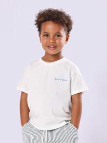 SUMWON Conjunto de camiseta y pantalones cortos a rayas de verano con tema costero y de mariscos para niños, ideal para vacaciones en la playa