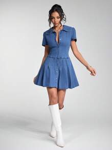 Jeanoix 时尚前扣褶皱短款牛仔连衣裙 - 中等水洗藍 - 查看 6