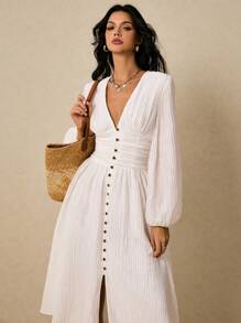 Poéselle 女士优雅纯色灯笼袖连衣裙 - 白色 - 查看 4