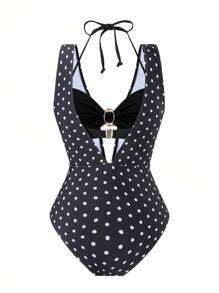 Swim Chiccia 纯色细带吊带上衣和随机圆点印花 V 领高开叉连体泳衣，女士夏季海滩度假游泳 - 黑色 - 查看 3