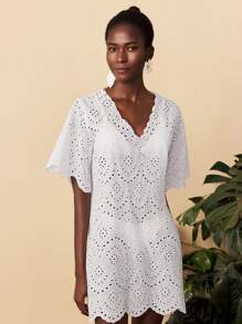 Travachic Rochie mini casual solidă țesută, cu decolteu în V, mânecă scurtă, lejeră, haine de femei de toamnă, haine de toamnă, Paște, ținute de sărbătoare, ținute de plajă pentru femei, ținute de vacanță pentru femei, ținute de concert pentru femei, BOHO, Bohemia, festival de muzică, haine de vacanță tropicală pentru femei, romantică, haine de toamnă, haine de iarnă, haine de Crăciun, bluze pentru ieșiri în oraș, bluze pentru ieșiri în oraș, casual, drăguț. - alb - Vizualizare 6