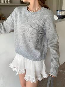 SHEIN Teen Girls Floral Pattern Solid Color Crew Neck Sweater, 3D Flower Decor, Suitable For Winter, Halloween Fall - Light Grey - View 7