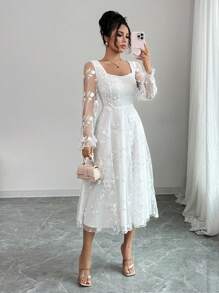 Selianne 优雅提花蕾丝连衣裙 - 白色 - 查看 1