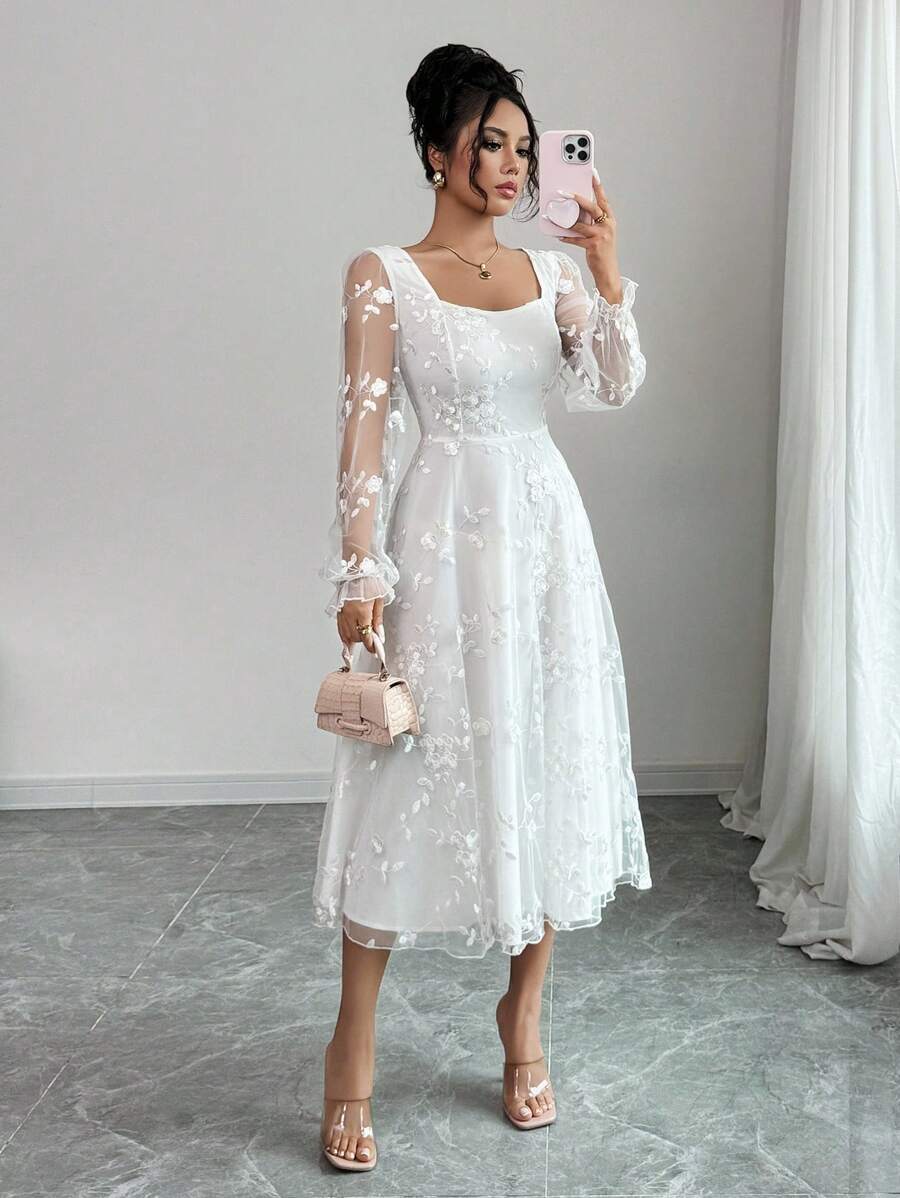 Selianne 优雅提花蕾丝连衣裙 - 白色 - 查看 1