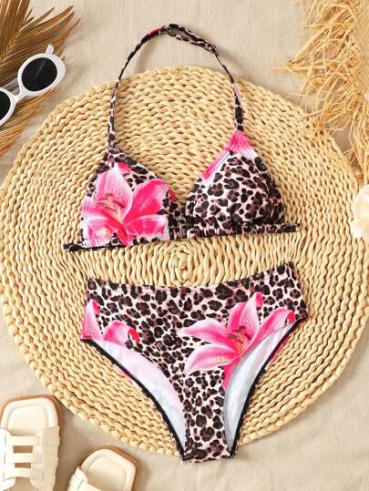 SHEIN Tween Girls Leopard Floral Print Halter Bikini Set, Casual Vacation Beach Wear Leopard Print Bikini Leopard Bikini With Flower Print Animal Print Bathing Suit For Girls