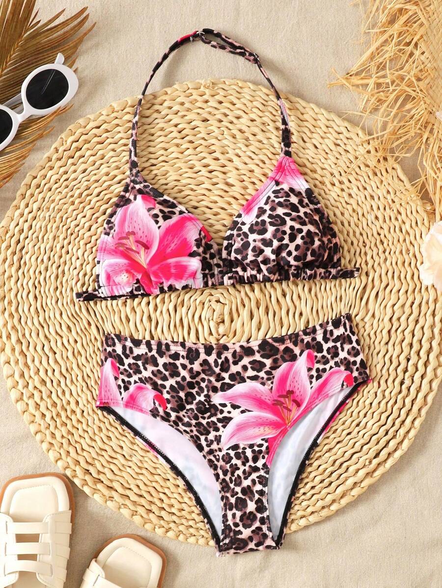 SHEIN Bộ bikini hở lưng họa tiết hoa báo cho bé gái tuổi teen, trang phục đi biển thường ngày - Cà phê nâu - Xem 1