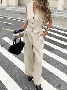 Serisse 2pcs Women Single-Breasted Vest And Pants Set, Solid Color Elegant SummerAsymmetric - Apricot - View 3