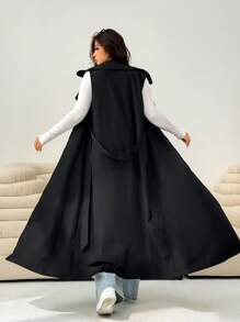 Solflare Women Plus Size Black Sleeveless Casual Trench Coat Sleeveless Blazer Winter Fall Autumn