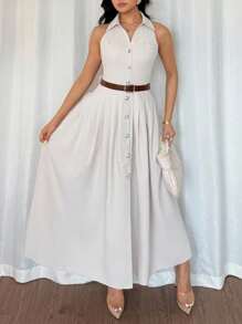 Rafferiza 女式束腰 V 领无袖开衩纽扣衬衫裙 - 卡其色 - 查看 4