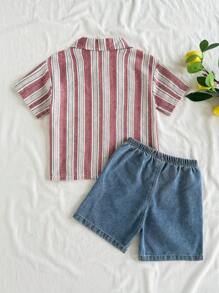 SHEIN 小男孩春夏翻领休闲条纹短袖衬衫和时尚百搭水洗牛仔短裤套装