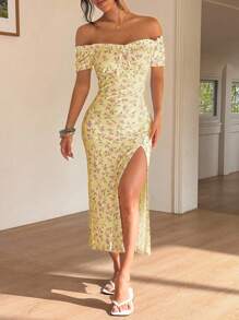 Sunnyshic Vestido de mujer con hombros descubiertos y abertura con estampado floral pequeño