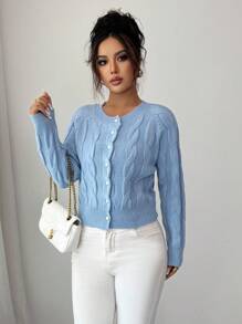 Franclia 女士纯色简约休闲长袖开衫 - 藍色 - 查看 5