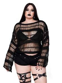 SHEIN Whyspr Plus Goth Punk Hollow Out Knit Pullover Sweater, Cool Summer And Autumn New Style Knit Pullover Fall Winter - Black - View 3