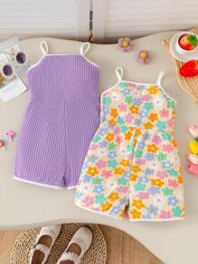 2pcs/Set Girl Toddler Colorful Floral Full Print + Solid Color Comfy Casual Romper, Suitable For Summer