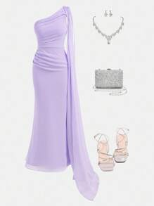 Pitira Pitira Abito lungo in chiffon elegante per ragazze adolescenti, con un spalla, collo a volant, drappeggiato ai lati, abito fluido per matrimonio/ospite di matrimonio/damigella/damigella di fiore, colore viola