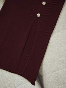 Franclia 女式优雅修身圆领短袖纽扣装饰针织连衣裙 - 酒紅色 - 查看 4