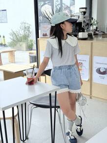 SHEIN Girl(Plus Size)Peter Pan Collar Blue Striped Polka Dot Blouse,Comfortable Denim Shorts T-Shirt Set,Black And White,Summer,Cute,School,Back-To-School - Blue - View 5