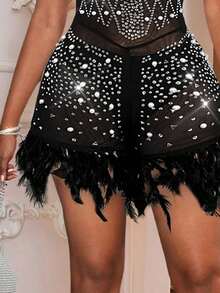 Slaydiva Bộ đồ liền thân đính hạt đá pha lê gợi cảm thanh lịch cao cấp ngày lễ tình nhân 2024 thời trang mới cho nữ - màu đen - Xem 6