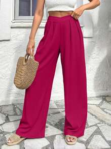 Plus Size High Waist Wide Leg Solid Color Casual Vacation Pants