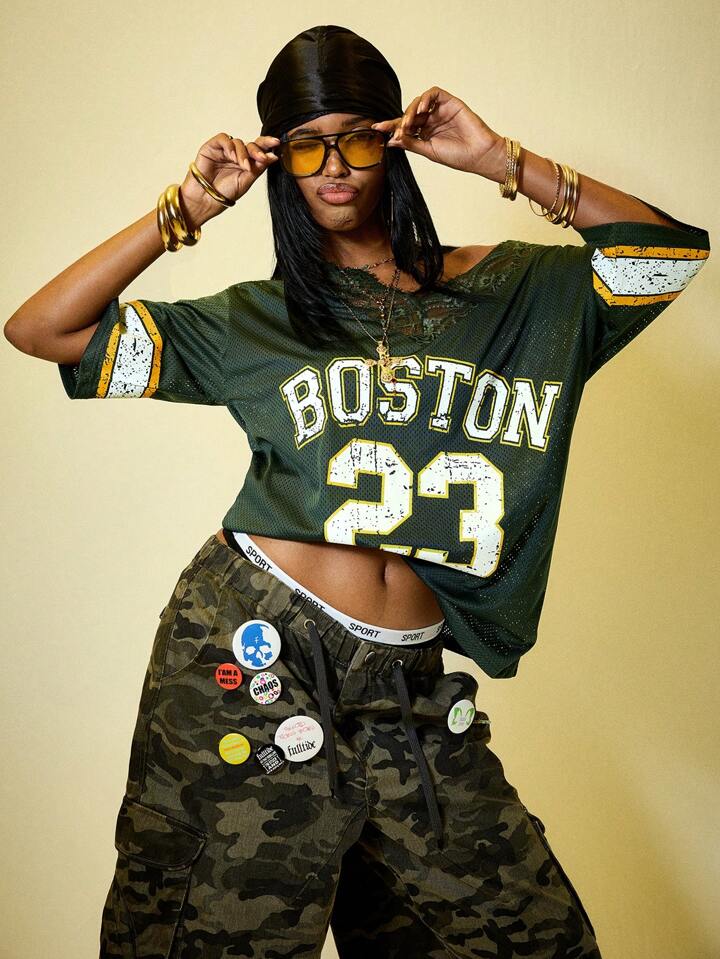 Our Street Life Y2K Streetwear Numeric Print Lace Trim Loose Fit