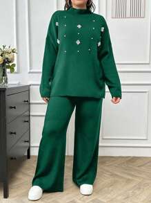 SHEIN Cottnline Women's Pearl Beaded Knit Sweater 2pcs/Set - Green - View 1