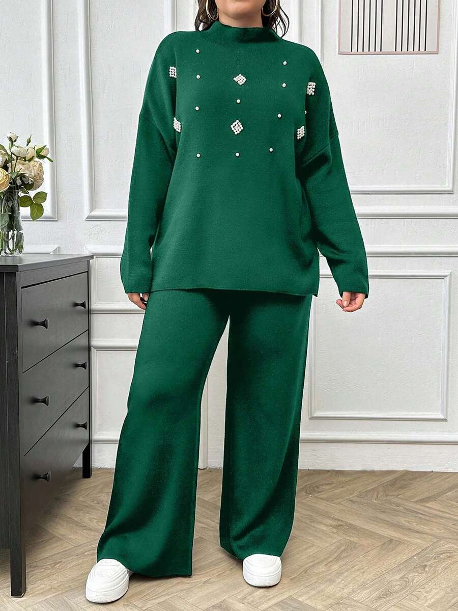 SHEIN Cottnline Women's Pearl Beaded Knit Sweater 2pcs/Set - Green - View 1