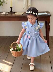 Robe d'été à col fleur 3D et manches courtes, mignonne pour jeune fille