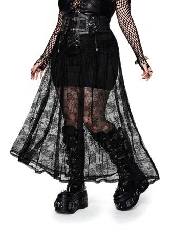 Whyspr Jupe mi-longue gothique style victorien, palais médiéval, punk sombre, fortement brodée, à lacets pour femmes