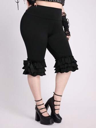 Kawaii Plus Size Women Ruffled Hem Bow Decor Stretchy Capri Pants, Suitable For Multiple Occasions