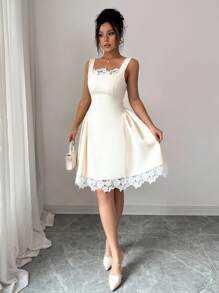 Elenzga Square Neck Splice Design Elegant Short Dress - Apricot - View 6