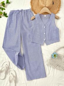 SHEIN Teen Girls Spring/Summer Casual Resort Commute Elegant Striped Contrast Color Sleeveless Vest And Contrast Color Casual Pants Set, Suitable For Holiday, Casual, Beach, Outdoor And Various Occasions