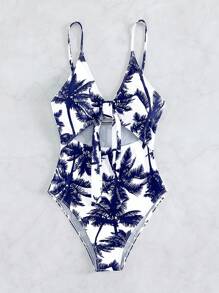 Swim Vcay Coconut Tree Printed Hollow Out One-Piece Swimsuit, For Vacation & Beach For Summer