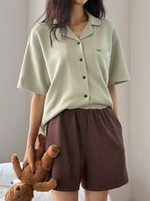DAZY Comfortable Knit Color Block Letter Embroidery Short Sleeve & Shorts Ladies Pajama Set - Green - View 6