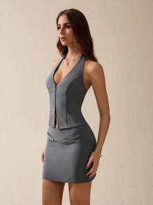 SHEIN Tall Damen Set bestehend aus einfarbigem ärmellosen Top mit Knopfleiste am Ausschnitt und Mini-Rock, 2-teilig
