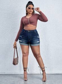 SHEIN SXY Plus Ripped Roll Up Hem Denim Shorts - Dark Wash - View 4