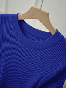 Franclia 女式优雅修身圆领短袖纽扣细节夏季针织连衣裙 - 水鴨藍 - 查看 4