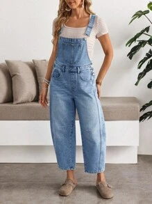 EMERY ROSE 女士休闲简约宽肩带扣牛仔工装裤 - 藍色 - 查看 5