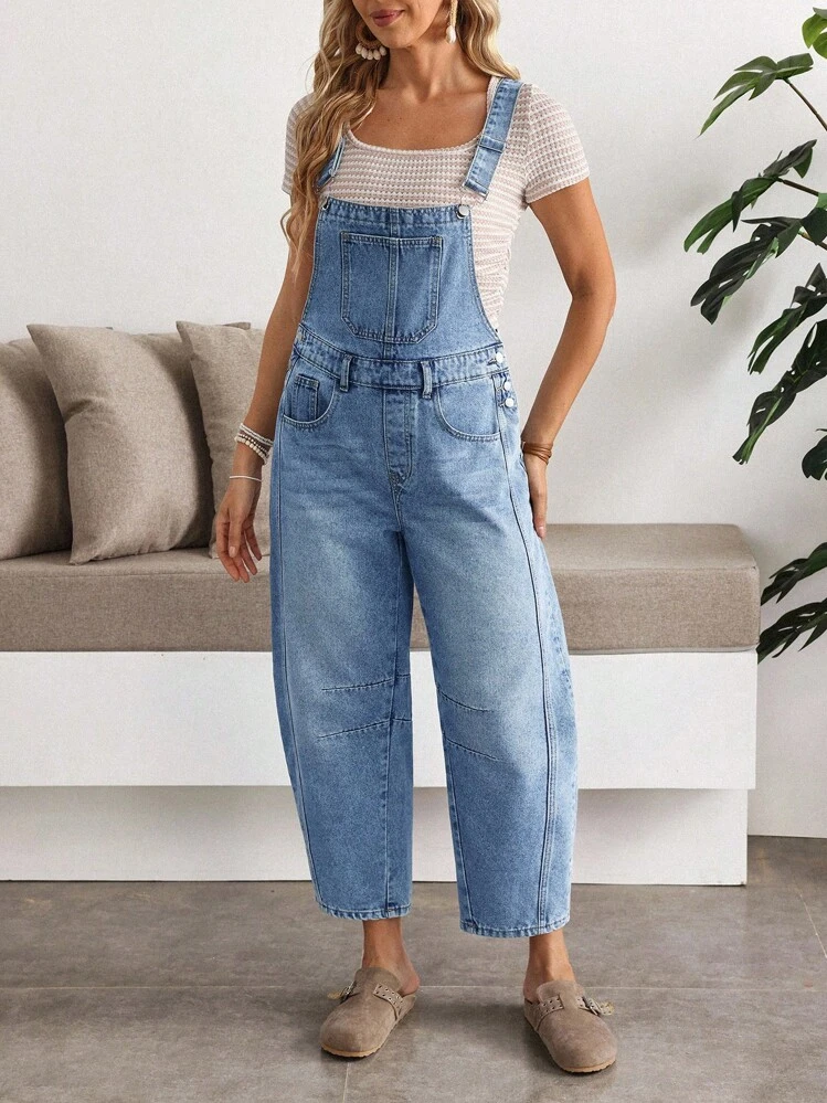 EMERY ROSE Women Casual Minimalist Buckle Wide Strap Denim Overalls - Blue - View 5
