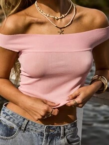 Aralina Summer Resort Vacation Off The Shoulder Tie Back Knit Cute Going Out Top - Baby Pink - View 3