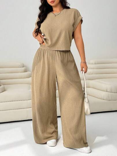 Solflare 2 件套大码女式休闲浅卡其色短袖上衣和裤子套装，春夏，休闲两件套，休闲，俱乐部装，女士机场装，女士教师装，女士度假装，商务休闲女士舒适两件套裤子套装休闲两件套棕褐色两件套