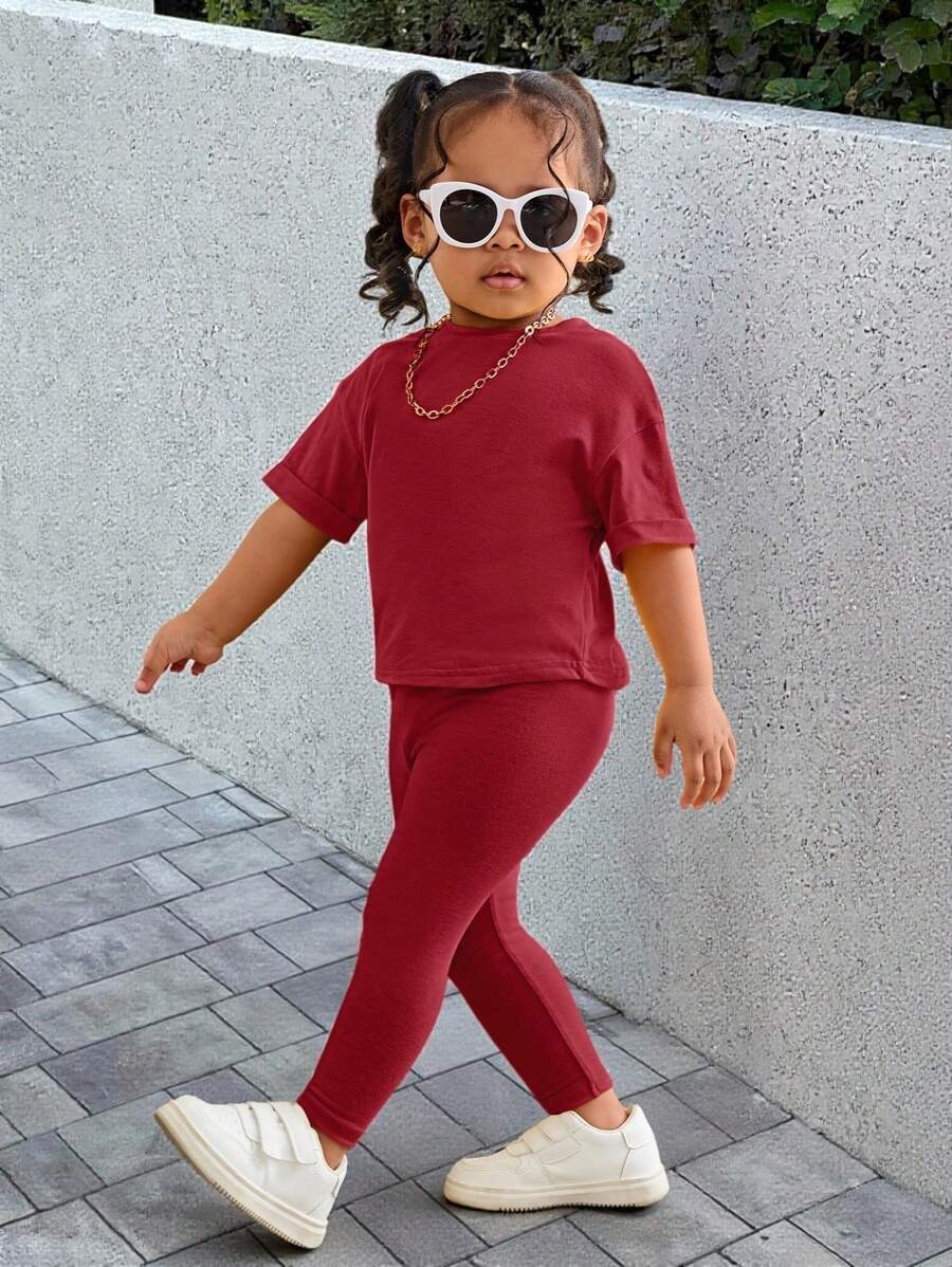 SHEIN Leap Crew 女婴可爱红色短袖 T 恤和松紧腰裤套装，外出休闲装时尚亮黄色套装，秋冬休闲装 - 紅色 - 查看 1