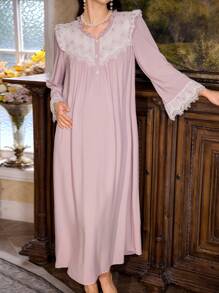 PalaceNights Váy ngủ bà bầu cỡ lớn thêu hoa xếp nếp chắp vá cổ điển, dành cho mùa thu, mùa đông - Bụi hồng - Xem 4