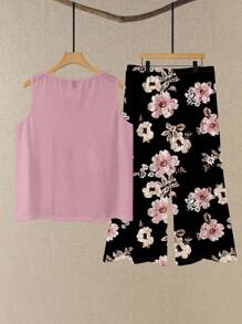 EMERY ROSE 女士大碼粉紅色花卉印花2件套裝，圓領無袖上衣和短褲套裝，適用於夏季 - 彩色 - 查看 6